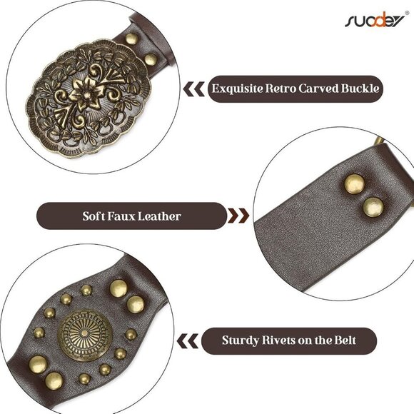 Western Leather Belt for Women Faux Leather Vintage Cowgirl Rivets Buckle main image 4